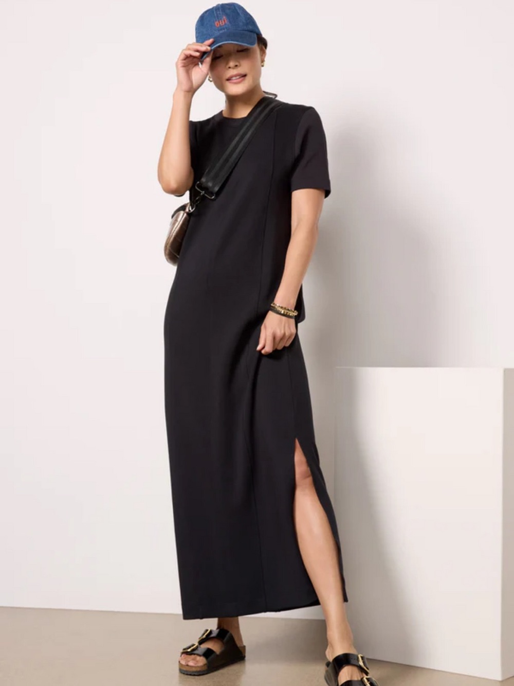 VARLEY Hattie Maxi Dress 2.0 Black Short Sleeve Sz XS Travel Lounge Comfort slit